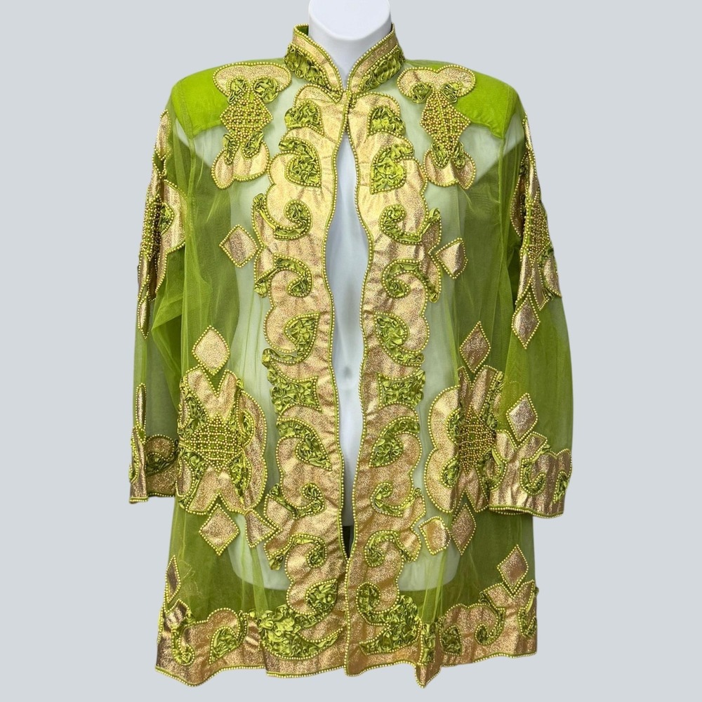 Vintage New Look Jacket Womens 2X Green Gold Beaded Sheer Formal Party Church